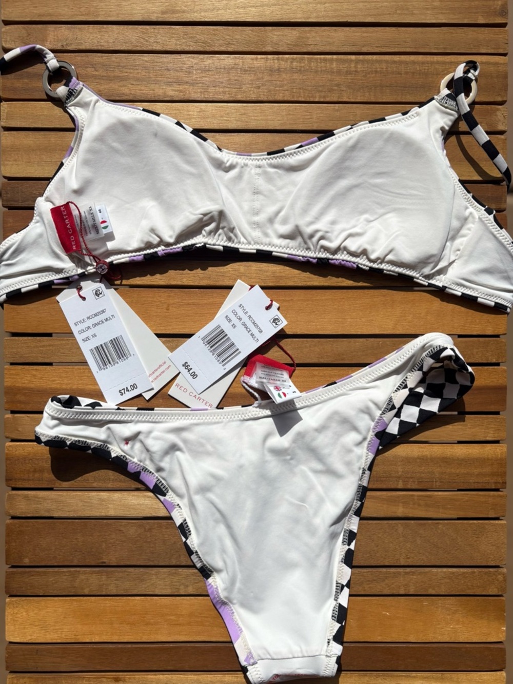 XSMALL NWT RED CARTER - GRACE CHECK ME OUT BIKINI SWIMSUIT BLACK WHITE LILAC - Picture 5 of 8